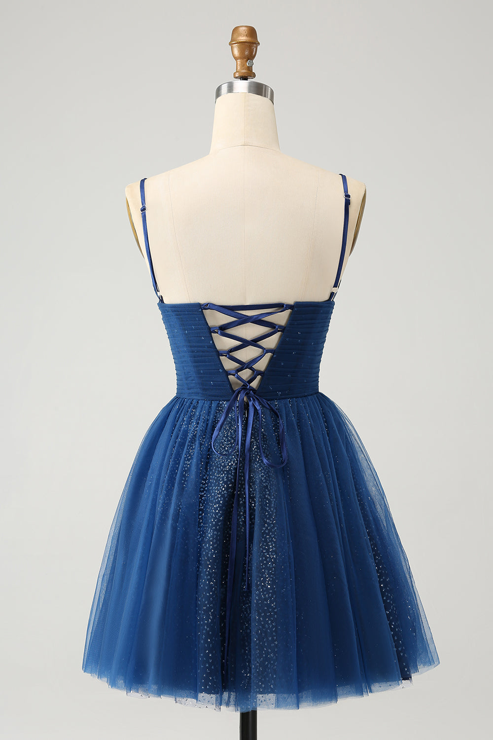 Navy A Line Spaghetti stropper Tyll Lace-Up Back Homecoming Dress