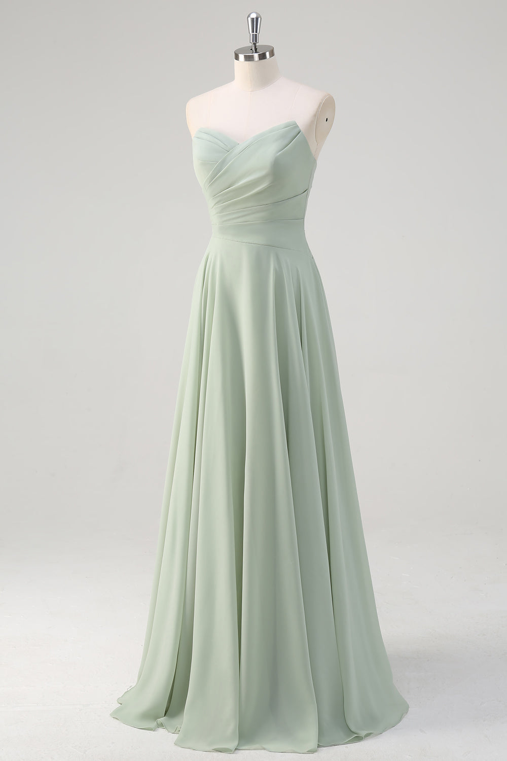 Matcha A Line Stroppeløs Rynket Chiffon Lang Brudepikekjole