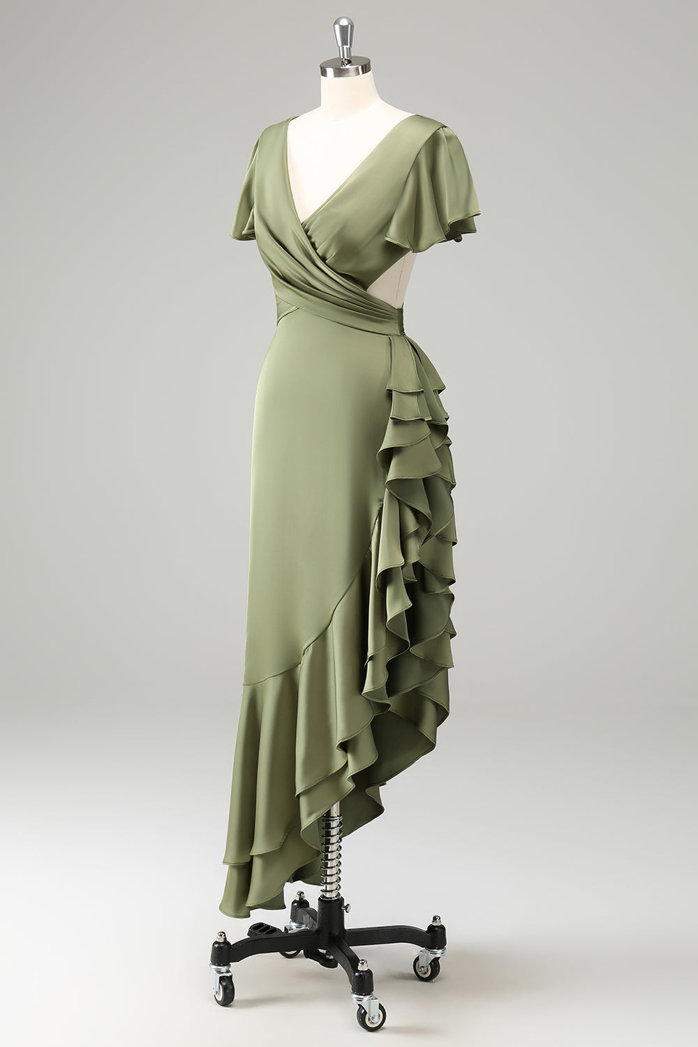 Olive V Neck Satin Skjede Bryllup Guest kjole med Ruffles