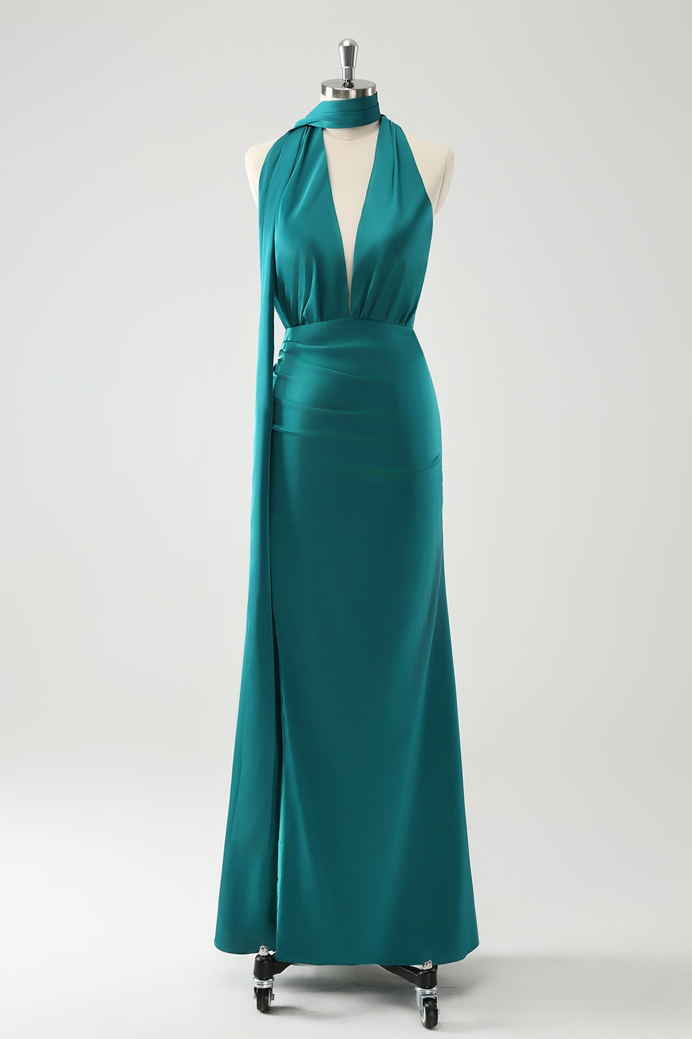 Peacock Sheath V-Neck Backless Wedding Guest kjole med Slit