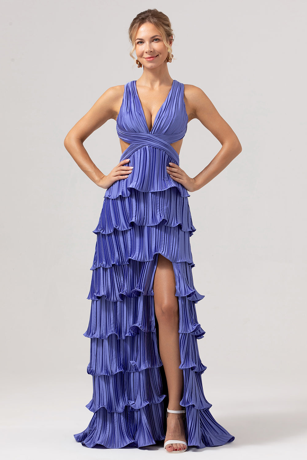 Lilla A-linje V-hals plissert lagdelt blonder opp rygg lang brudepikekjole med splitt