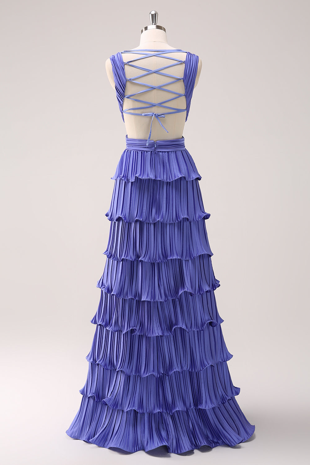 Lilla A-linje dyp V-hals lagdelt lang brudepikekjole med splitt