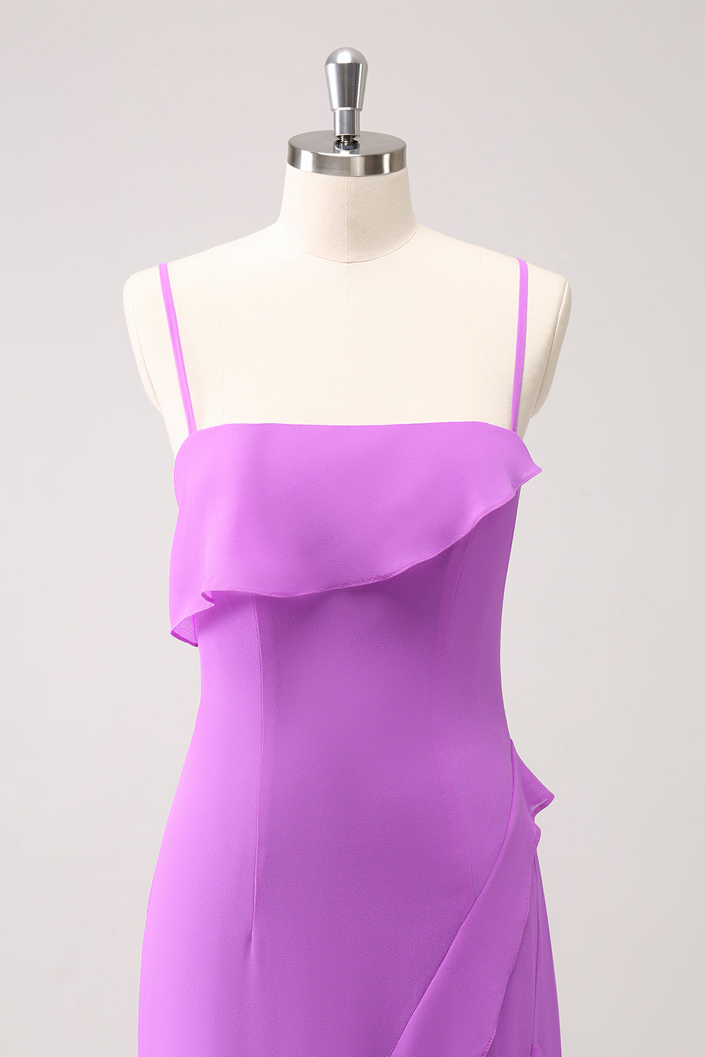 Tahiti Ruffle Spaghetti Stropper Chiffon Lang Brudepike Kjole Med Splitt