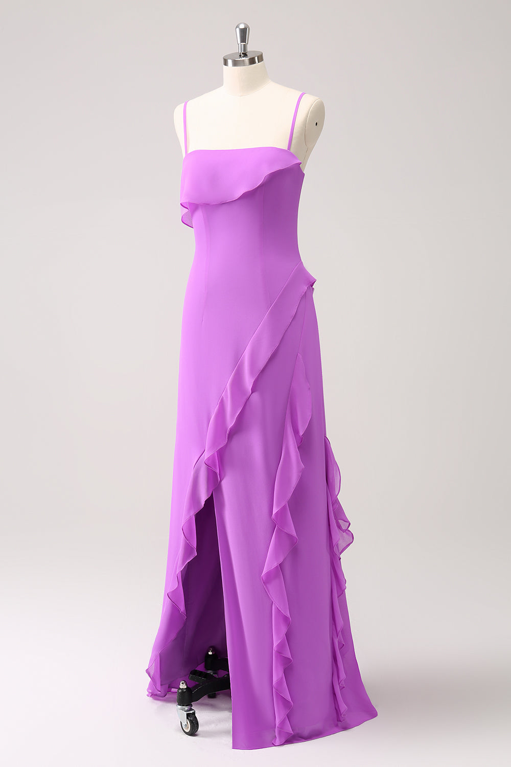 Tahiti Ruffle Spaghetti Stropper Chiffon Lang Brudepike Kjole Med Splitt