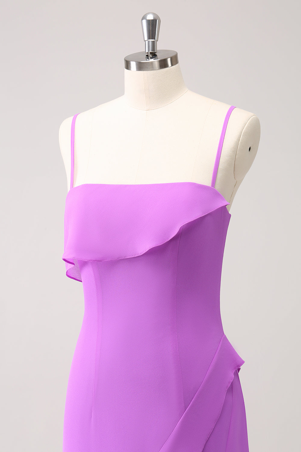 Tahiti Ruffle Spaghetti Stropper Chiffon Lang Brudepike Kjole Med Splitt