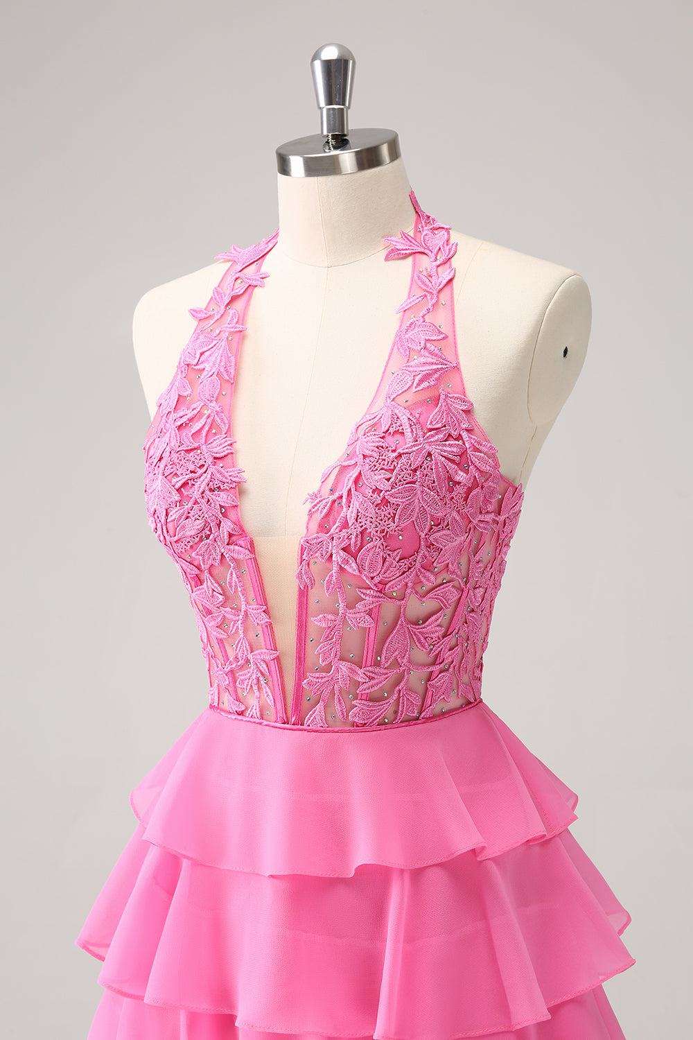 Hot Pink A Line Halter Lagdelt Korsett Kort Homecoming Kjole