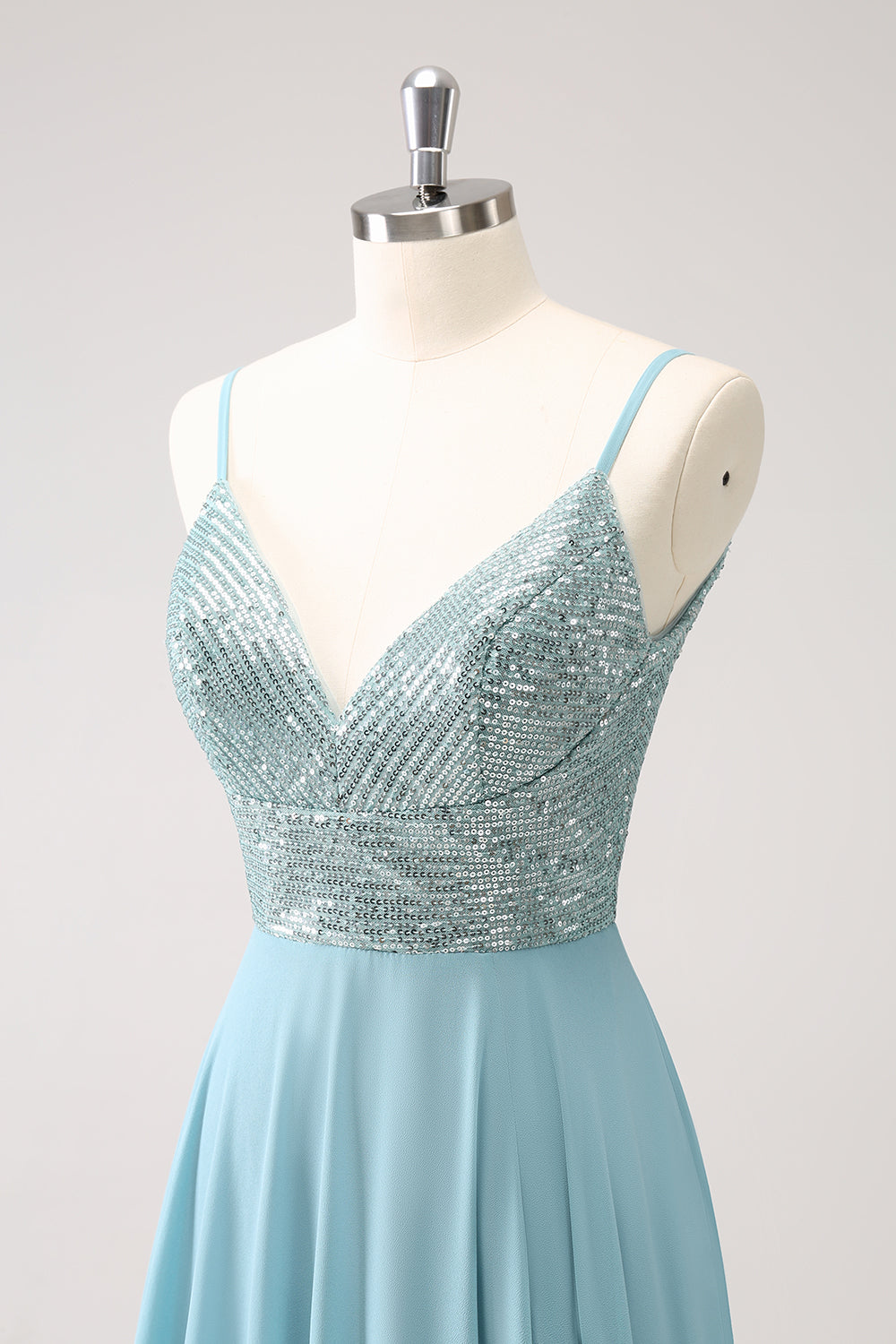 Grå Grønn A-linje Spaghetti Stropper Chiffon Lang Brudepike Kjole Med Splitt