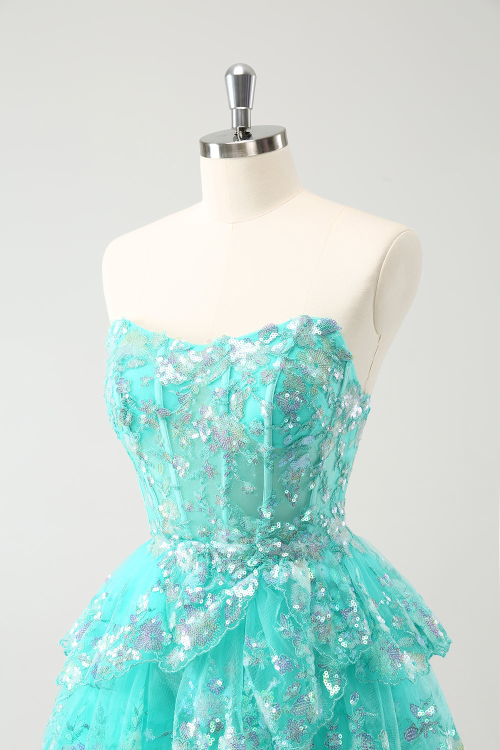 Cute Glitter Green A Line Strapless Sequined Tiered Corset Homecoming Dress
