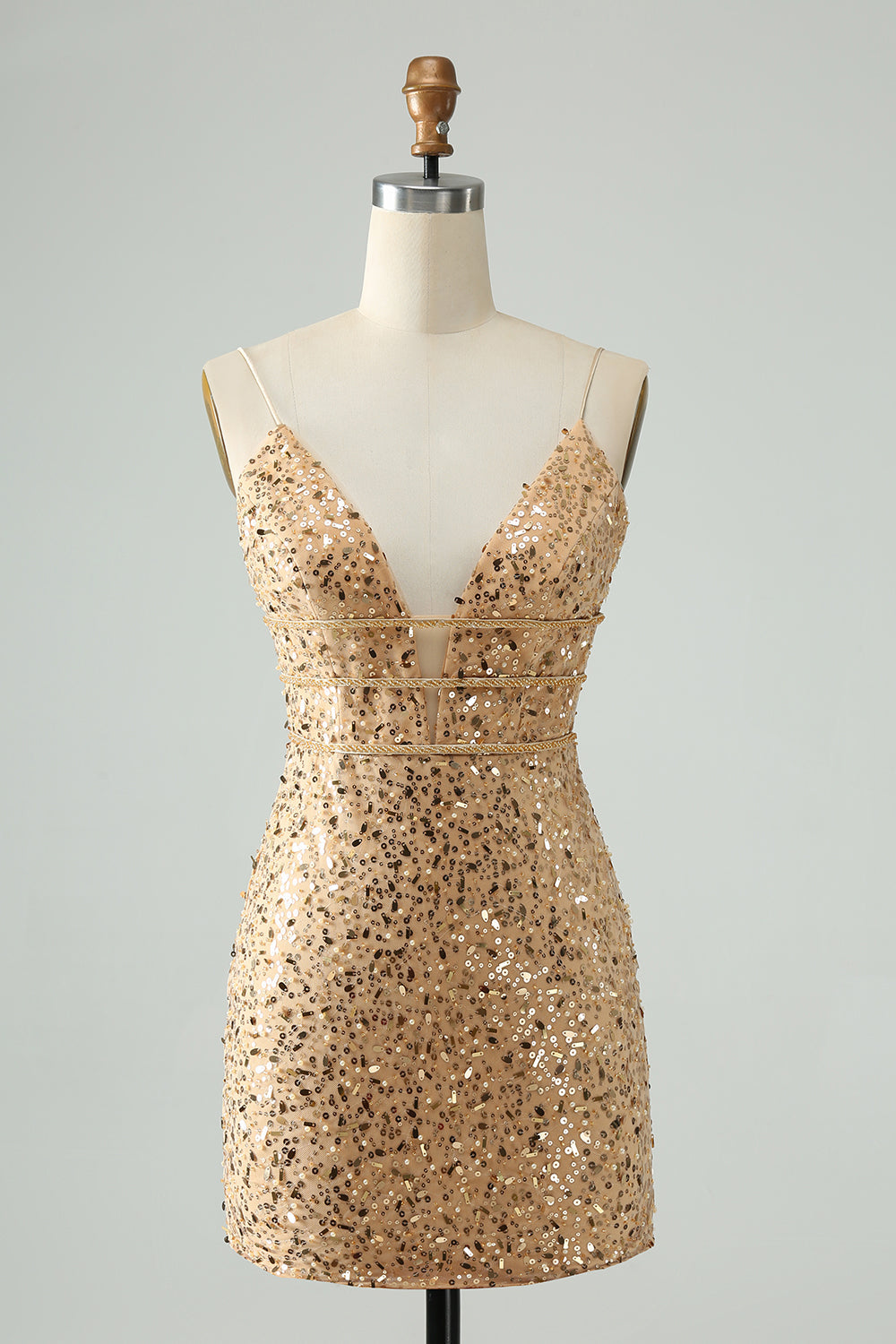 Sparkly Golden Bodycon Spaghetti Strap Kort Homecoming kjole med paljetter