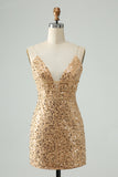 Sparkly Golden Bodycon Spaghetti Strap Kort Homecoming kjole med paljetter