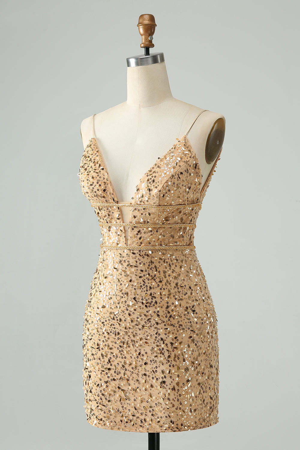 Sparkly Golden Bodycon Spaghetti Strap Kort Homecoming kjole med paljetter