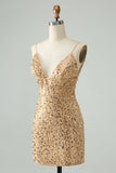 Sparkly Golden Bodycon Spaghetti Strap Kort Homecoming kjole med paljetter