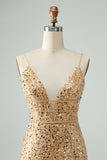 Sparkly Golden Bodycon Spaghetti Strap Kort Homecoming kjole med paljetter