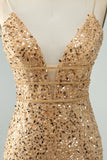 Sparkly Golden Bodycon Spaghetti Strap Kort Homecoming kjole med paljetter