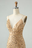 Sparkly Golden Bodycon Spaghetti Strap Kort Homecoming kjole med paljetter