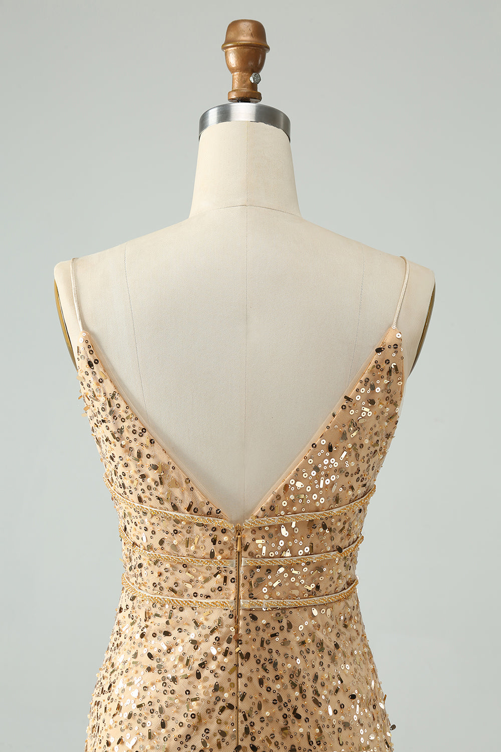 Sparkly Golden Bodycon Spaghetti Strap Kort Homecoming kjole med paljetter