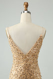 Sparkly Golden Bodycon Spaghetti Strap Kort Homecoming kjole med paljetter