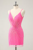 Spaghetti stropper Fuchsia Bodycon Homecoming kjole med paljetter