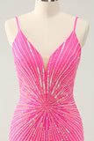 Spaghetti stropper Fuchsia Bodycon Homecoming kjole med paljetter
