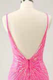 Spaghetti stropper Fuchsia Bodycon Homecoming kjole med paljetter