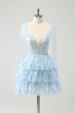 Glitter Blue A Line Embroidery Tiered Homecoming Dress med Appliques
