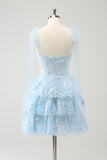 Glitter Blue A Line Embroidery Tiered Homecoming Dress med Appliques