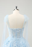 Glitter Blue A Line Embroidery Tiered Homecoming Dress med Appliques