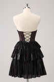 Sparkly Black Pink Sweetheart Tiered Homecoming Dress med perler