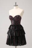 Sparkly Black Pink Sweetheart Tiered Homecoming Dress med perler