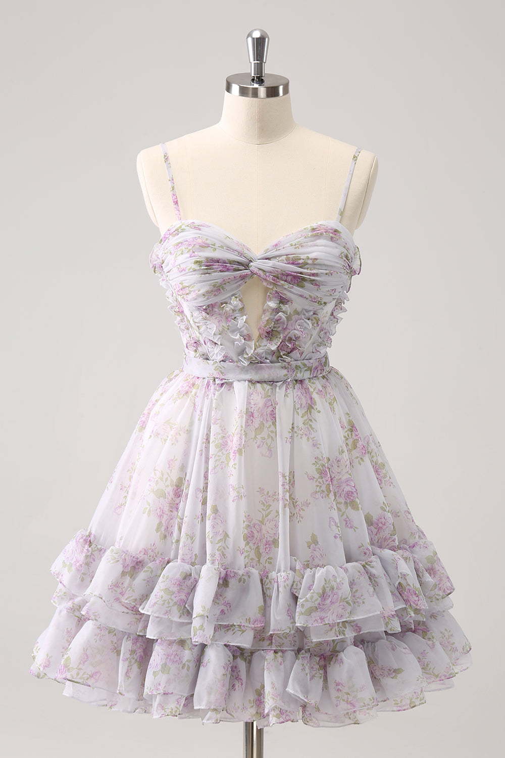 Lilac A-Line Floral Utskrifter Ruffled Tiered Tylle Homecoming Dress