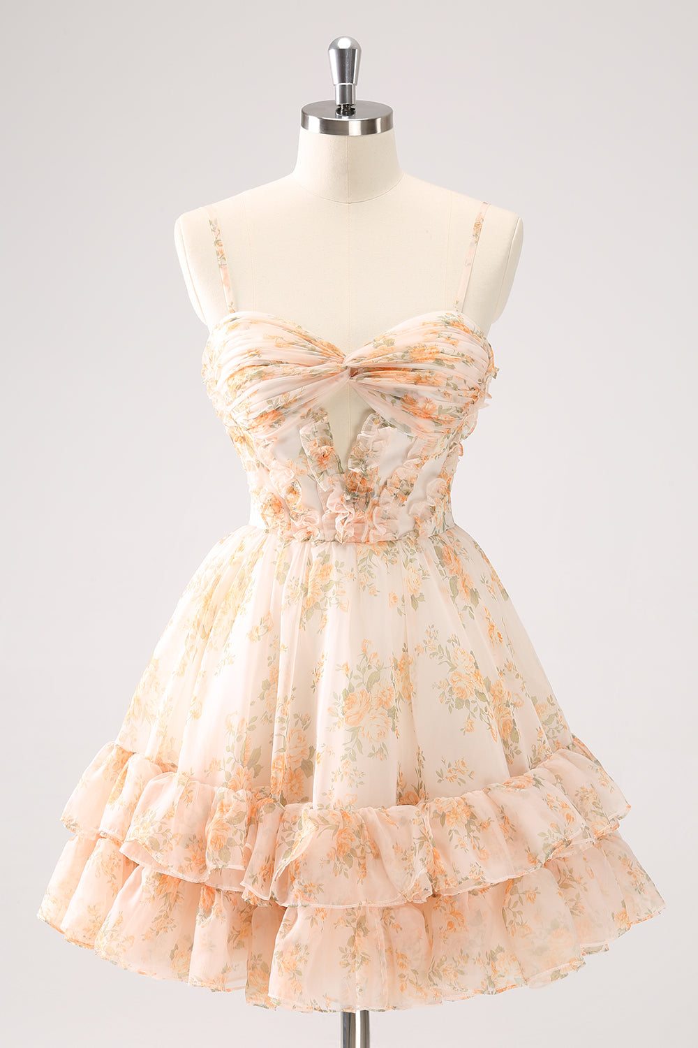 Gul A-linje Front Twist Kort Floral Homecoming Kjole Med Volanger