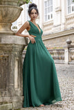 Mørk grønn A Line V Neck Chiffon Long brudepike kjole med blonder opp tilbake