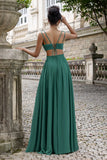 Mørk grønn A Line V Neck Chiffon Long brudepike kjole med blonder opp tilbake