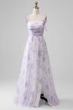 Lavendel Flower A Line Spaghetti stropper Long brudepike kjole med Slit