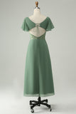 En linje Eucalyptus Square Neck Chiffon brudepike kjole med Slit