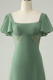 En linje Eucalyptus Square Neck Chiffon brudepike kjole med Slit