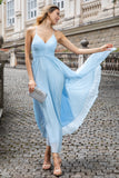 Sky Blue A Line Plissert Chiffon Tea Lengde kjole med blonder opp tilbake