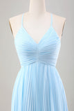 Sky Blue A Line Plissert Chiffon Bryllup Guest Dress