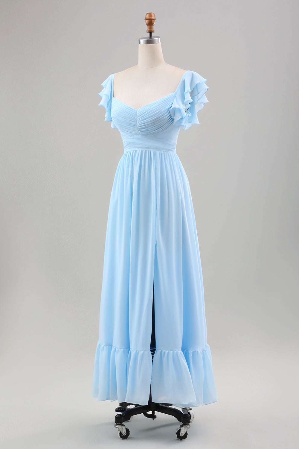 Sky Blue A Line Chiffon Bryllup Guest kjole med Ruffle ermer