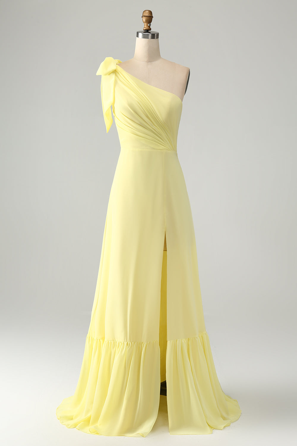 Gul A Line One Shoulder Long Wedding Party Guest Dress med Slit