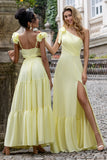 Gul A Line One Shoulder Long Wedding Party Guest Dress med Slit