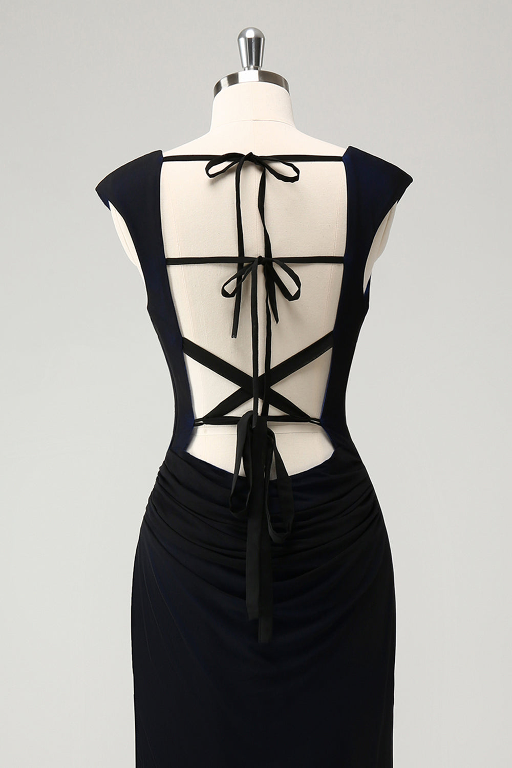 Svart blå havfrue kappe hals lang brudepike kjole