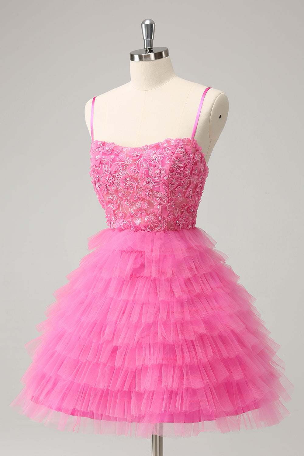 Glitter Pink A Line Spaghetti stropper Tiered Blomster Tyll Søt Homecoming Dress