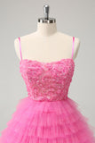 Glitter Pink A Line Spaghetti stropper Tiered Blomster Tyll Søt Homecoming Dress