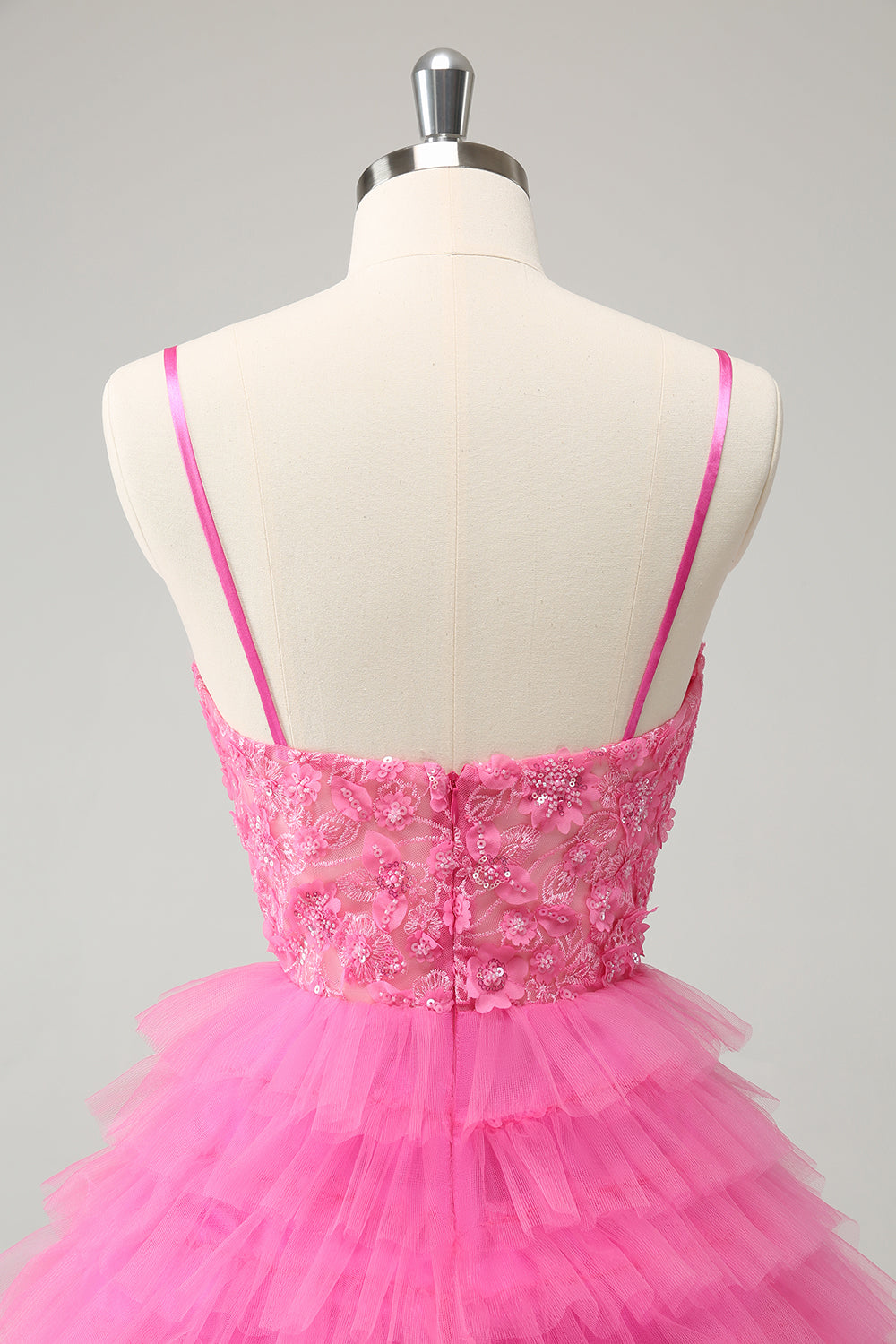 Glitter Pink A Line Spaghetti stropper Tiered Blomster Tyll Søt Homecoming Dress