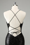 Stilig Glitter Svart paljetter Stram Halter Homecoming kjole med blonder opp ryggen
