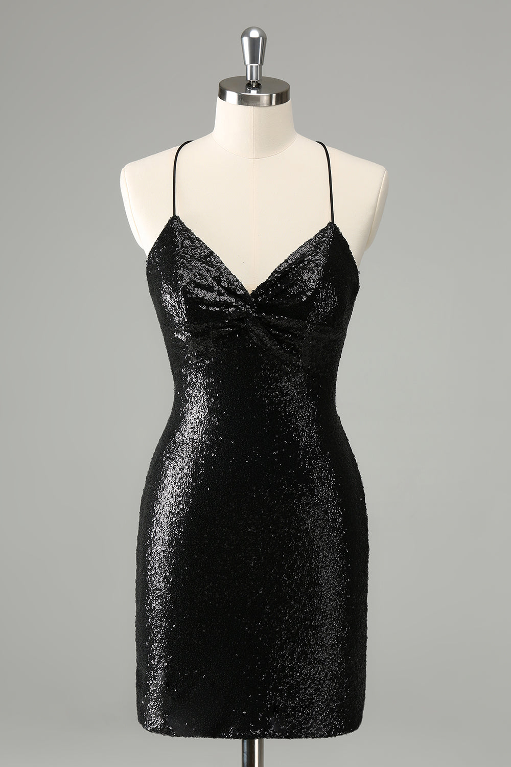 Stilig Glitter Svart paljetter Stram Halter Homecoming kjole med blonder opp ryggen