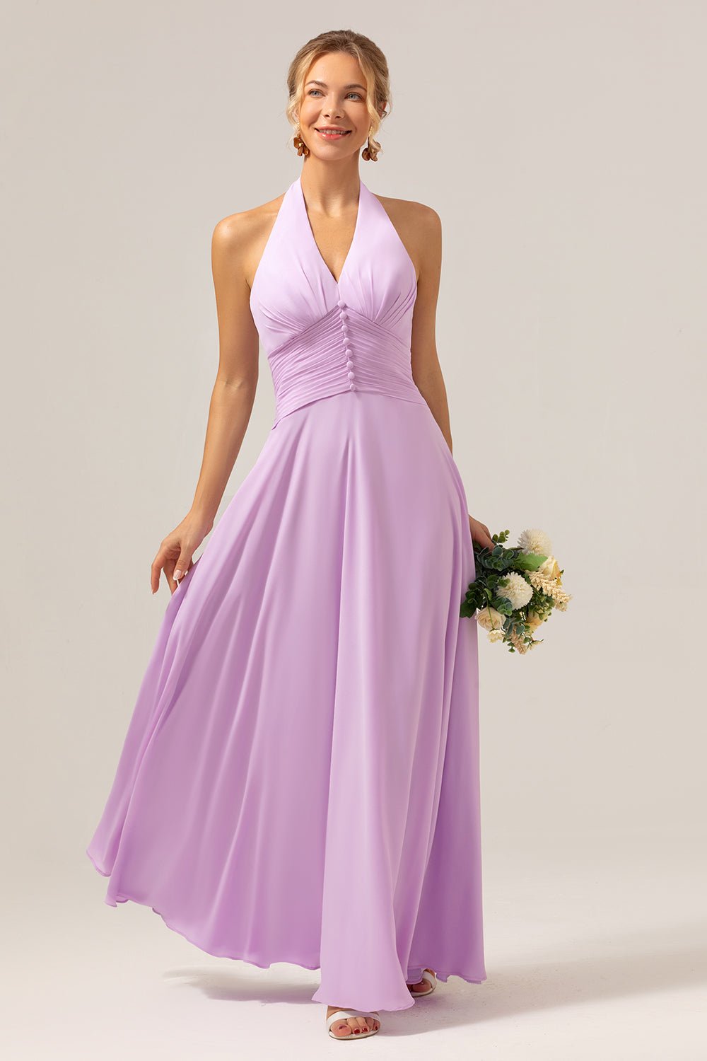 En linje Halter Chiffon Ryggløs Lang Lilla Brudepikekjole