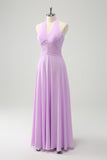 Lilla A Line Halter Chiffon Lang ryggløs brudepike kjole