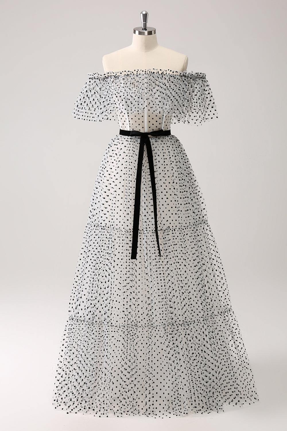 Hvit Svart A-linje Dot Off-the-Shoulder Ballkjole